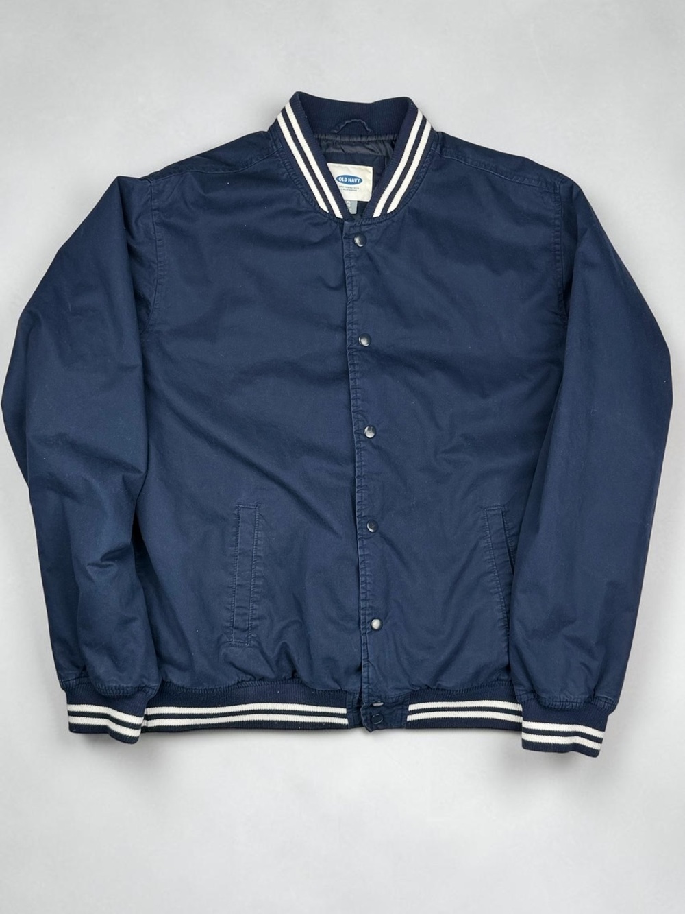 Old Navy Men’s XL Navy Cotton Varsity Bomber Jacket Striped Rib Trim Snap Front - Picture 5 of 17